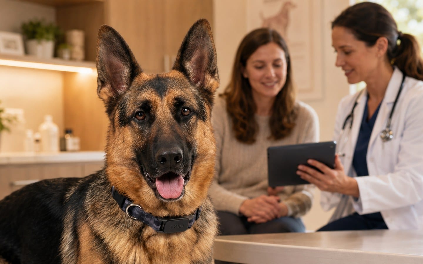 A person wearing a SKIIN chest band beside a dog wearing a SKIIN collar